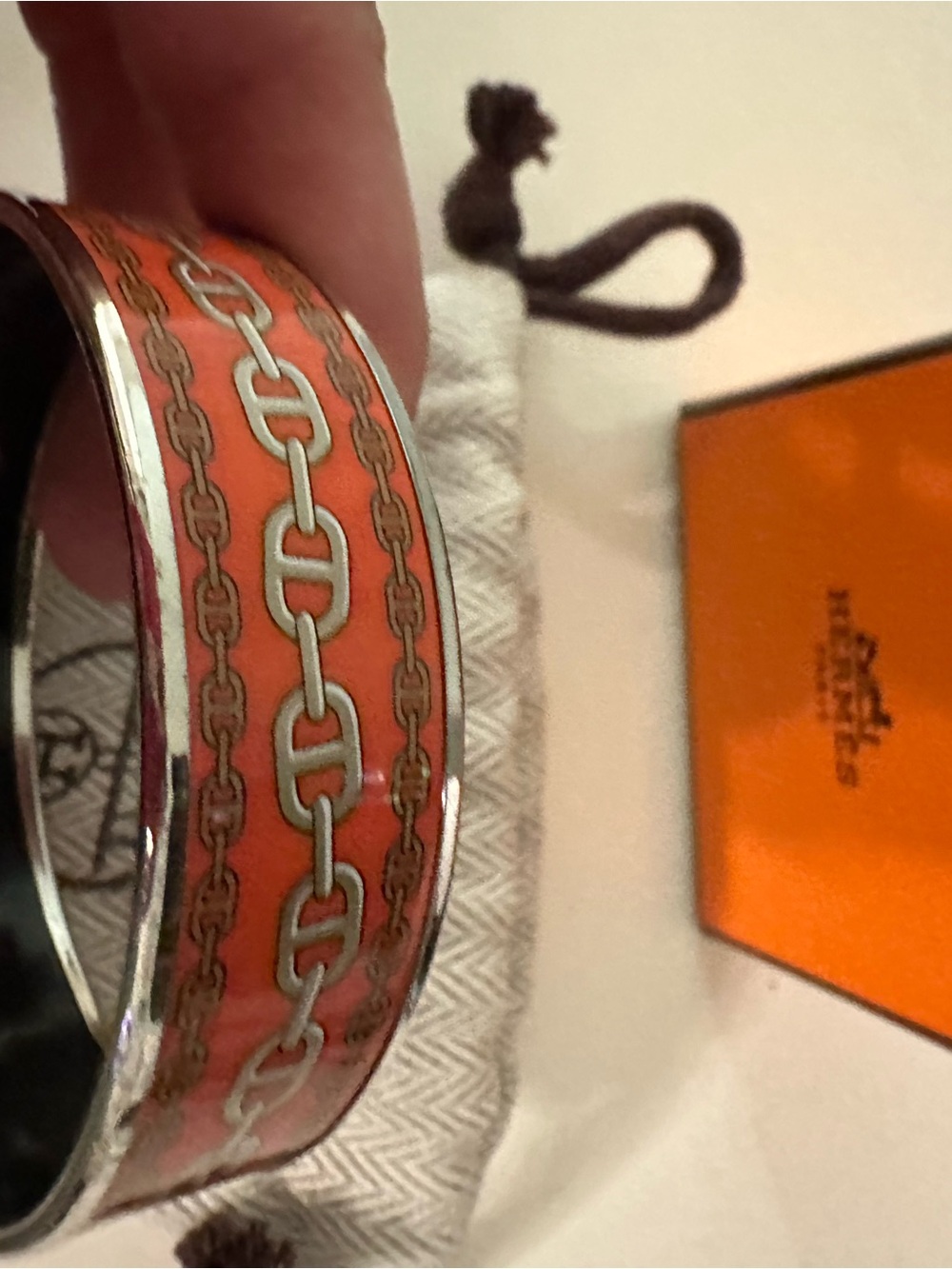 Hermes Orange Chain-Print Enamel Cuff Bracelet